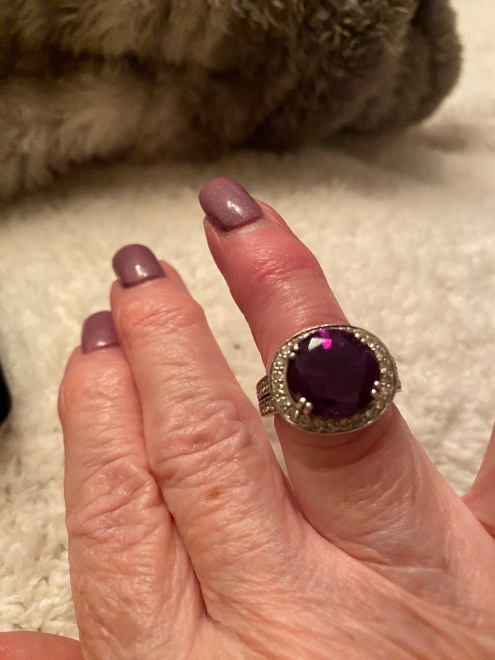 14KT ALEXANDRITE SYNTHETIC   RING 7 CARAT ROUND /. 92 CTS DIAMONDS WHITE GOLD